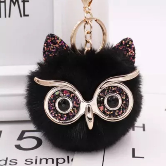 Fluffy Black Owl with Glasses Pom Pom Keychain - Picture 1 of 14